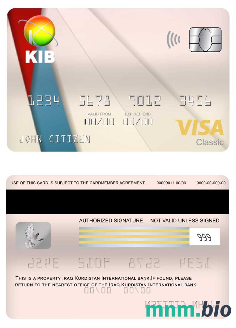 Iraq Kurdistan International Bank visa klasyczny karta przykład w formacie PSD